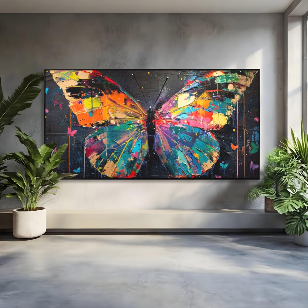 Tablou canvas cu tablou canvas cu fluture multicolor, in rama de aluminiu negru
